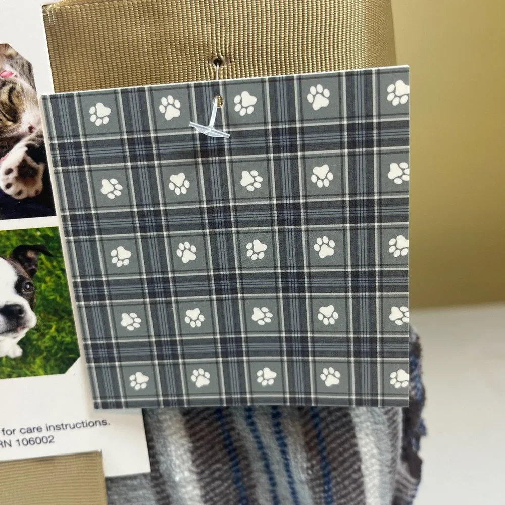 Humane Society Decorative Throw Blanket 60x70 Gray Plaid Fleece with Paw Prints